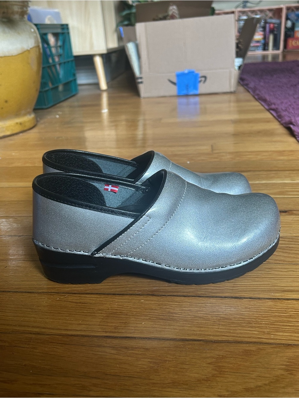 Sanita Silver Metallic Leather Comfort Clogs Izabella Size 40